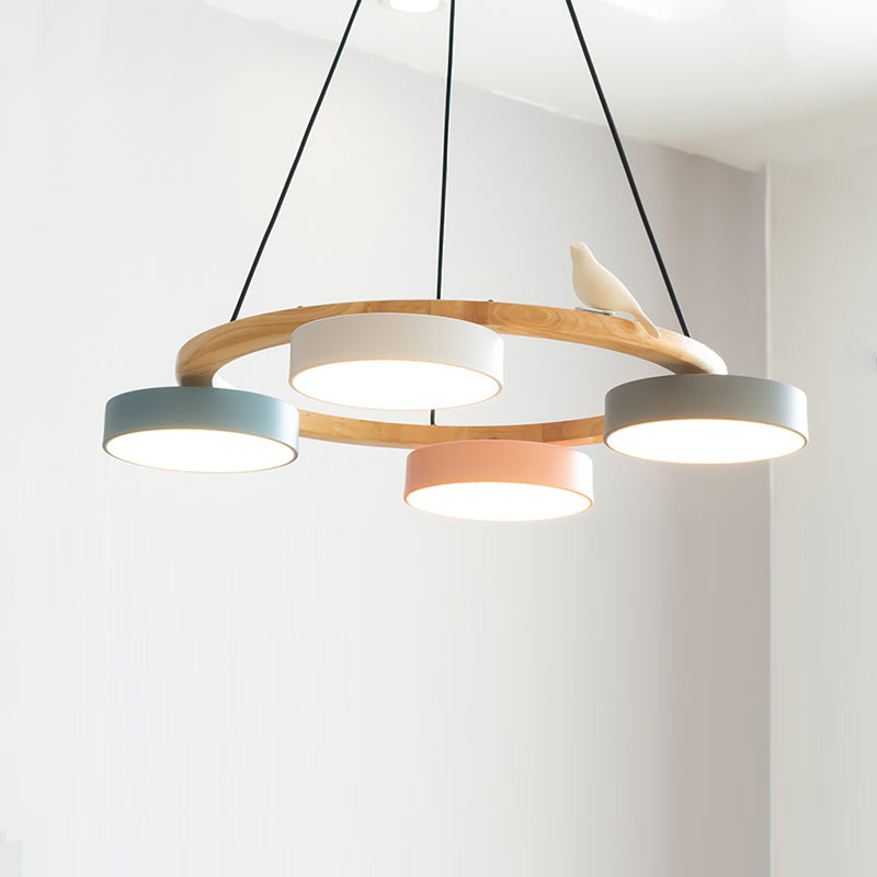 Chandelier Wood Round 25.6 in 4-Light Adjustable Indoor Ceiling Fixture Modern Dining Room Living Room Lighting | Thomler