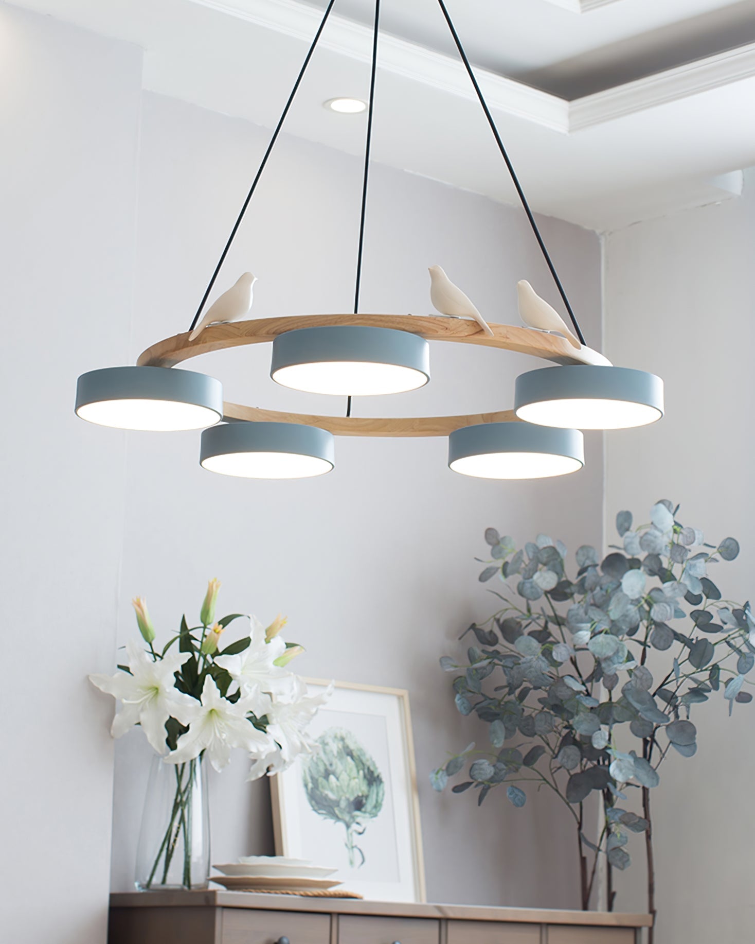 Chandelier Wood Round 25.6 in 4-Light Adjustable Indoor Ceiling Fixture Modern Dining Room Living Room Lighting | Thomler