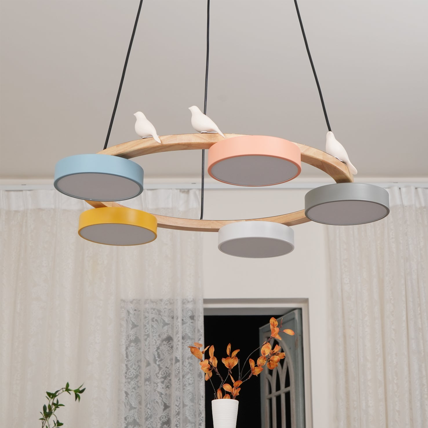 Chandelier Wood Round 25.6 in 4-Light Adjustable Indoor Ceiling Fixture Modern Dining Room Living Room Lighting | Thomler