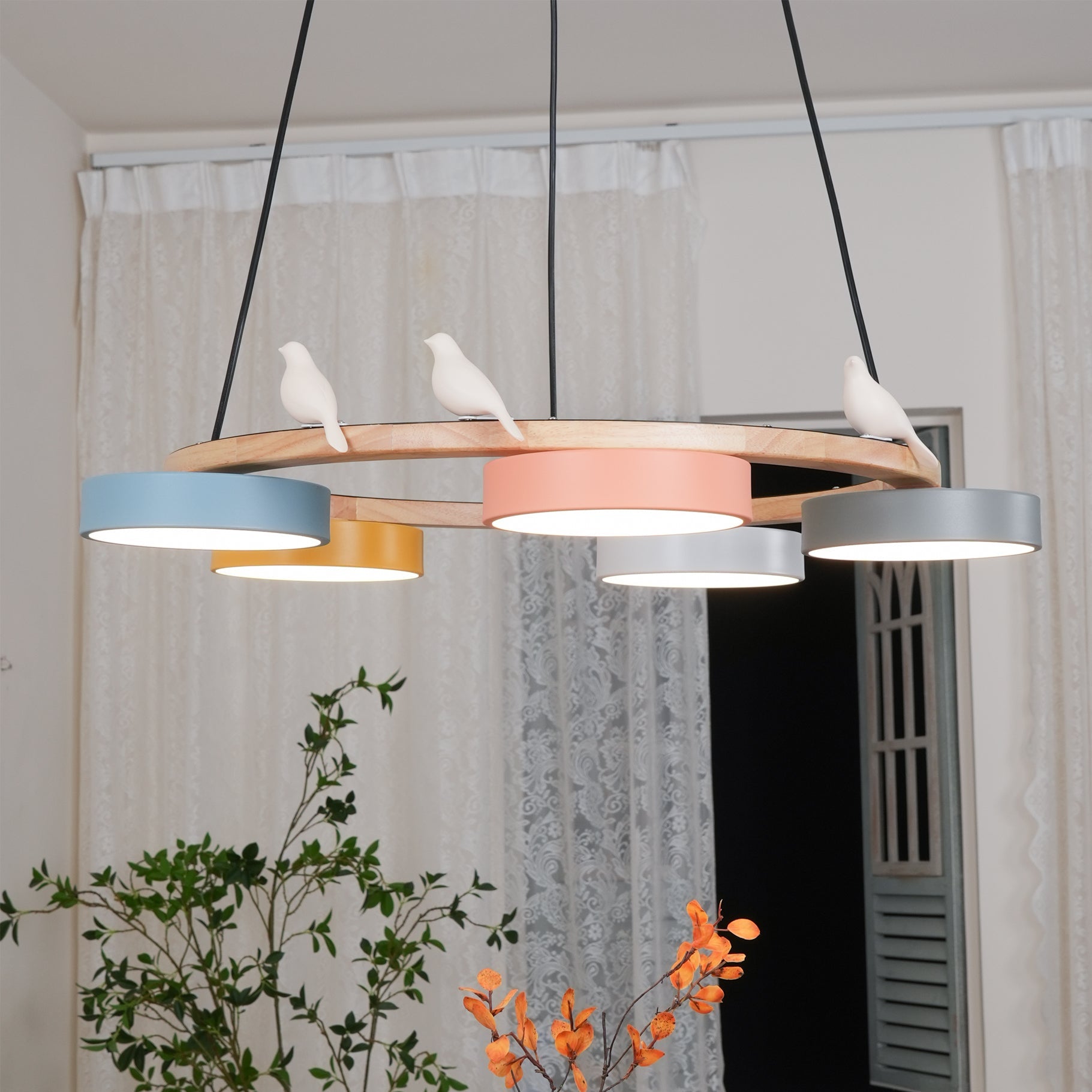 Chandelier Wood Round 25.6 in 4-Light Adjustable Indoor Ceiling Fixture Modern Dining Room Living Room Lighting | Thomler