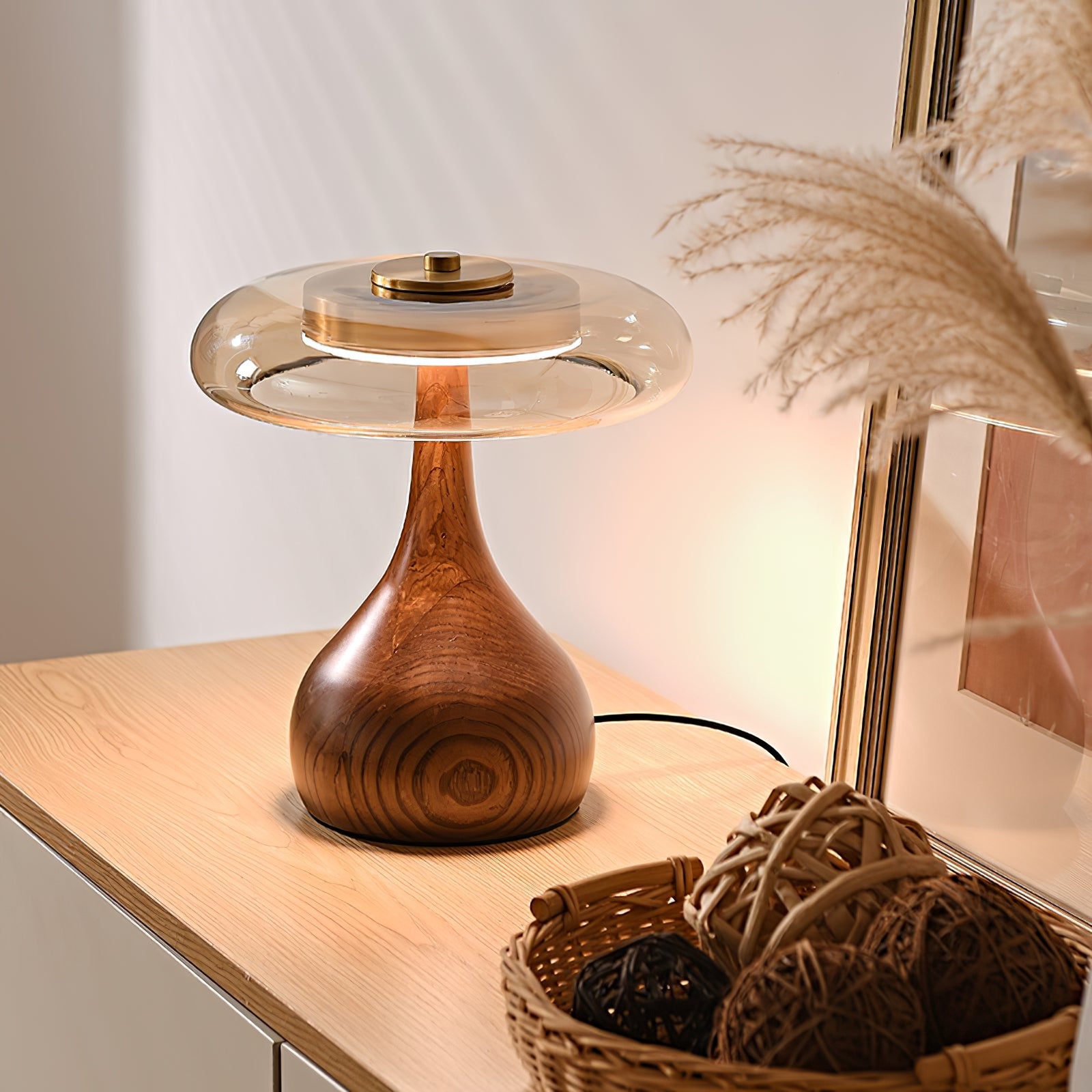 Wooden Table Lamp 9.8 in (25.0 cm) Amber Glass Shade Indoor Desk Lighting Warm Glow | Thomler