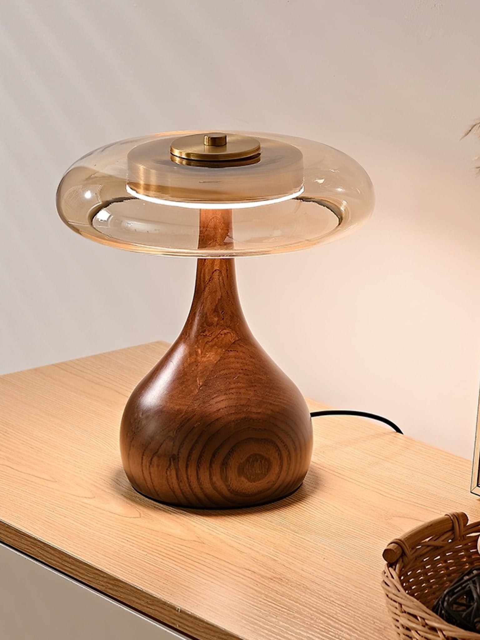 Wooden Table Lamp 9.8 in (25.0 cm) Amber Glass Shade Indoor Desk Lighting Warm Glow | Thomler