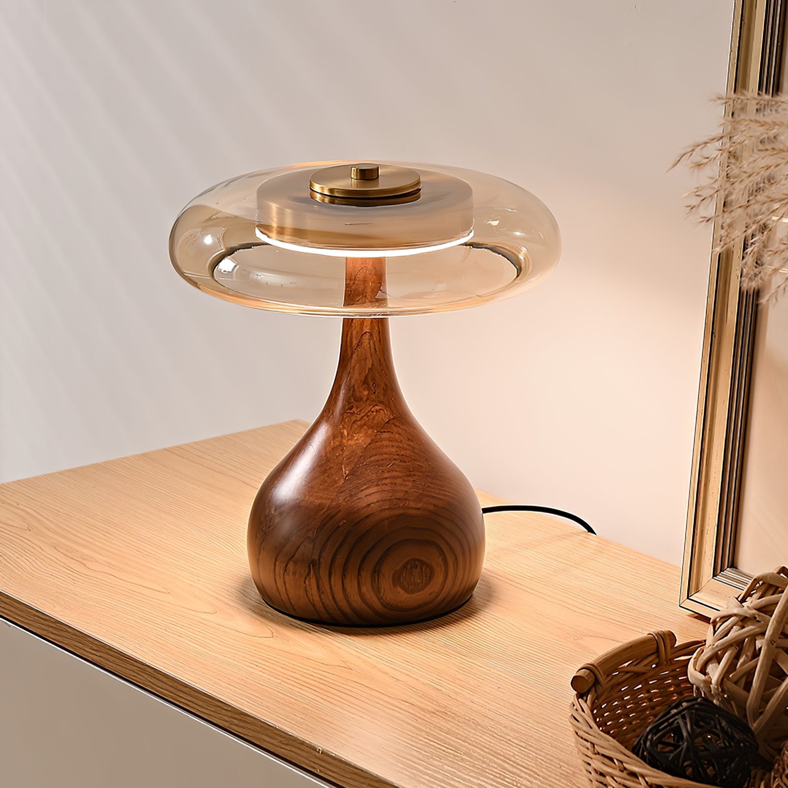 Wooden Table Lamp 9.8 in (25.0 cm) Amber Glass Shade Indoor Desk Lighting Warm Glow | Thomler