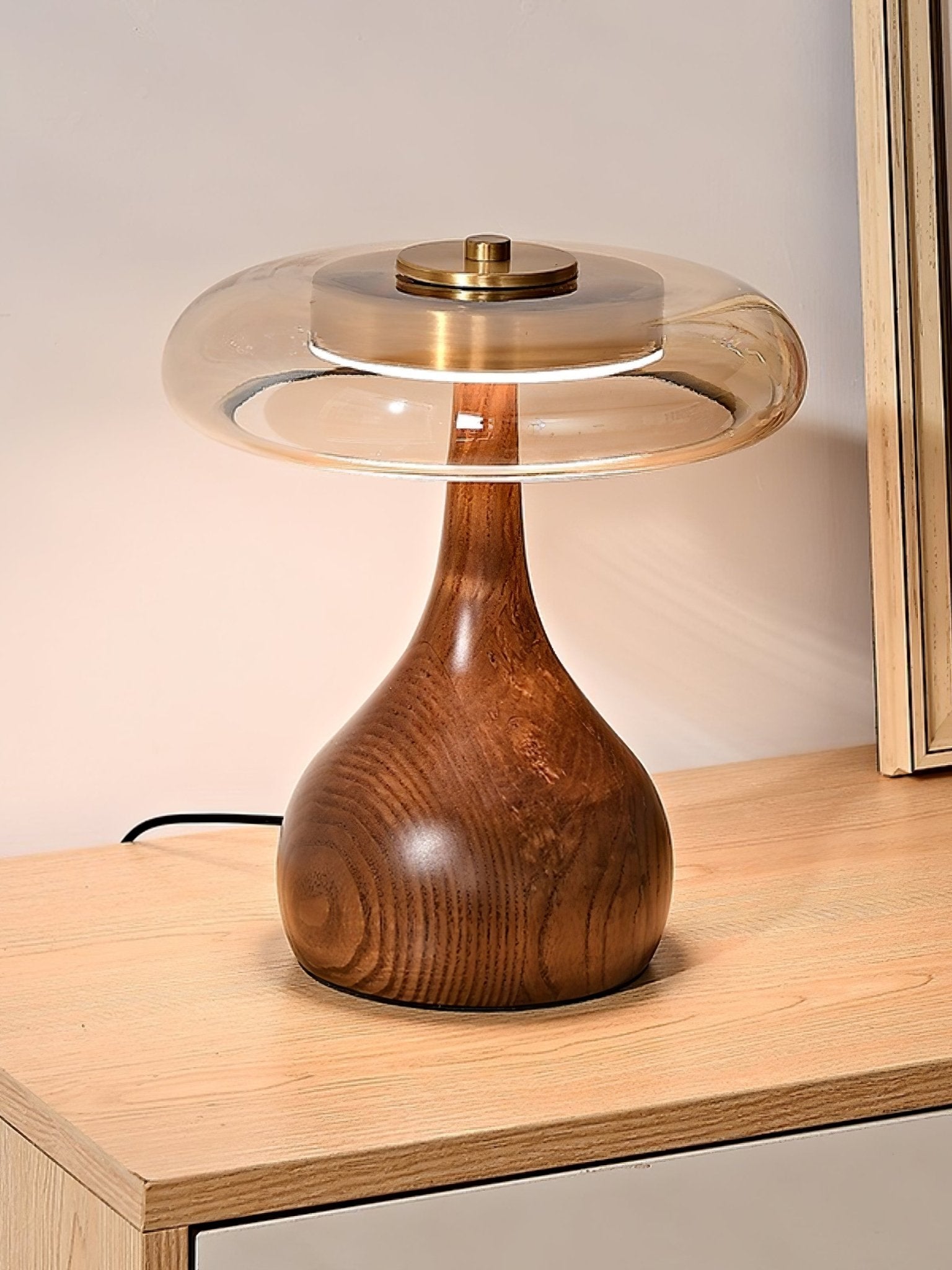 Wooden Table Lamp 9.8 in (25.0 cm) Amber Glass Shade Indoor Desk Lighting Warm Glow | Thomler