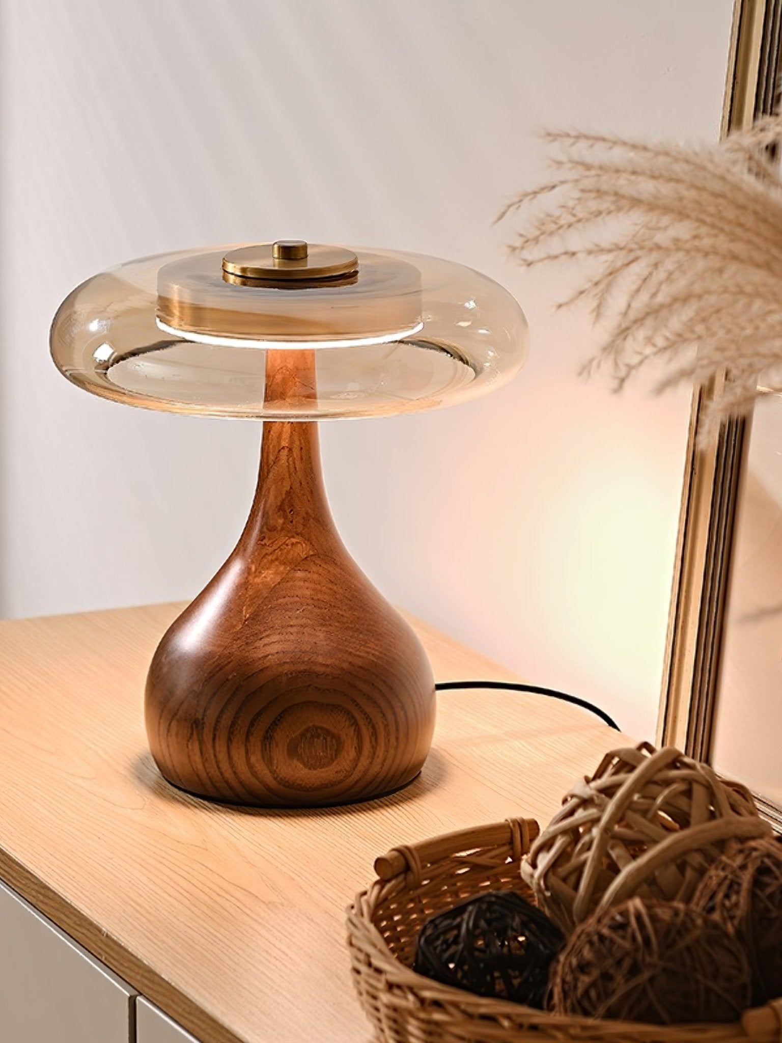 Wooden Table Lamp 9.8 in (25.0 cm) Amber Glass Shade Indoor Desk Lighting Warm Glow | Thomler