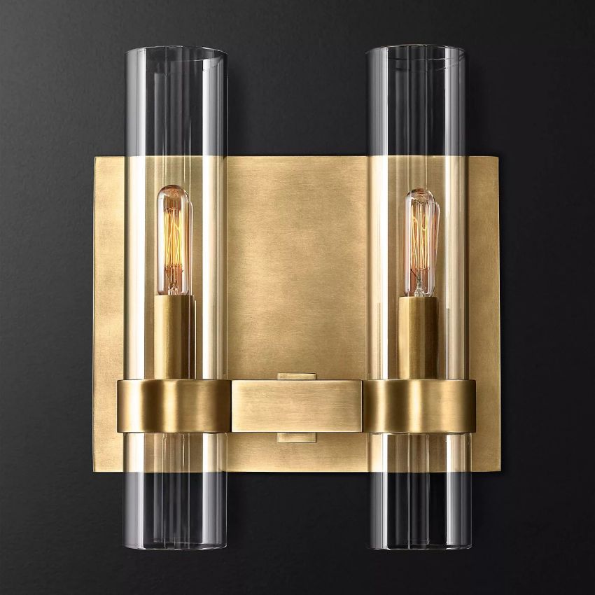 Industrial Glass Cylinder Wall Sconce with Metal Band, Dimmable LED Candle-Style Bulb, Brass & Glass 12-23 in Heights | Thomler