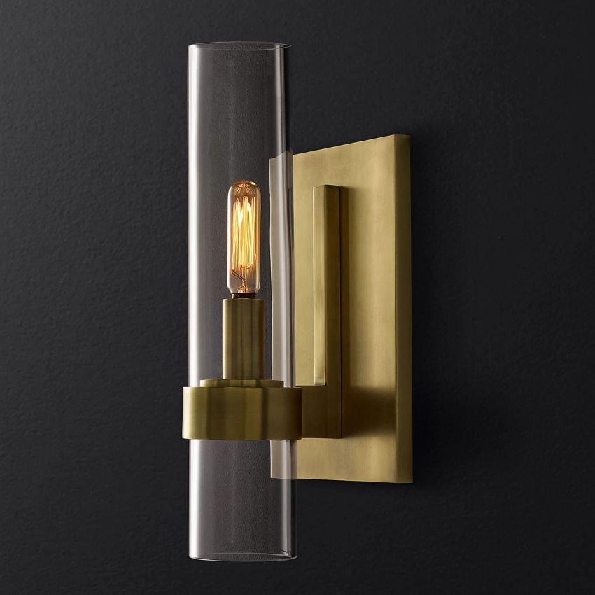 Industrial Glass Cylinder Wall Sconce with Metal Band, Dimmable LED Candle-Style Bulb, Brass & Glass 12-23 in Heights | Thomler
