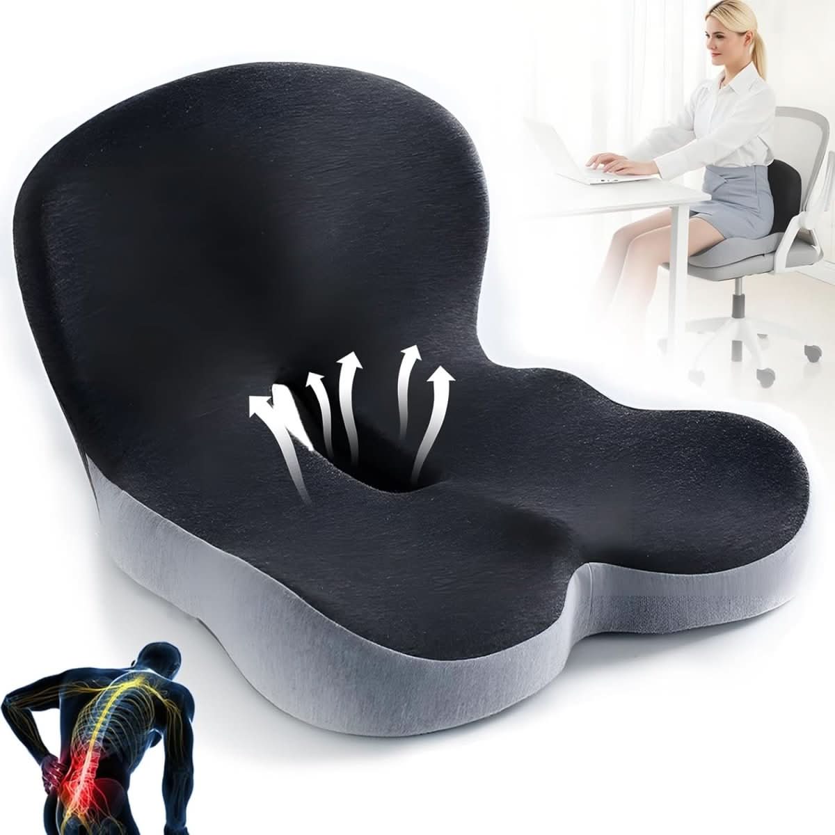 Memory Foam Seat Cushion for Office Chair, Car & Home | Non-Slip Base | Pressure Relief Support for Tailbone, Back & Hips | Portable Everyda | Thomler