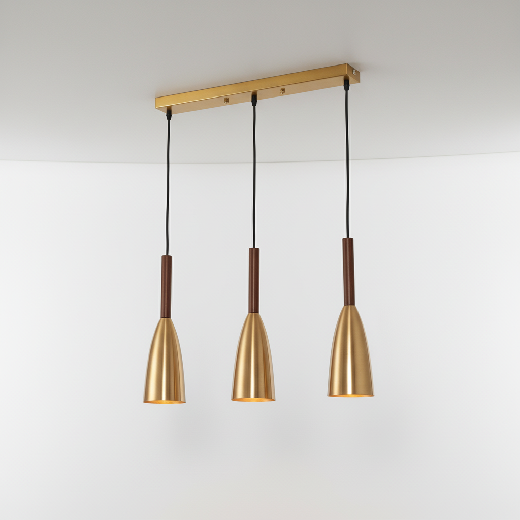Modern Three-Light Fixture with Metal Body & Wood Detail for Dining Room, Kitchen Island | Adjustable Cord Height, Dimmable E27 Socket | Thomler