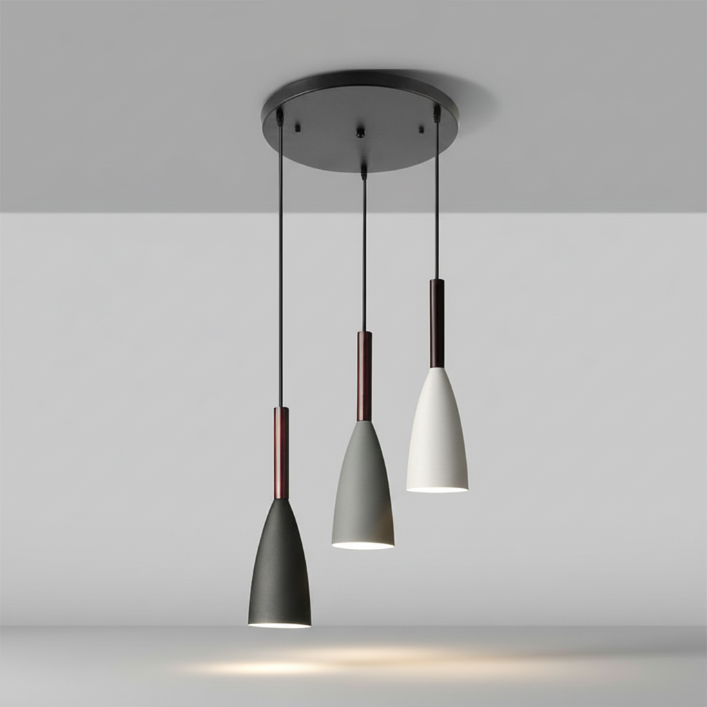 Modern Three-Light Fixture with Metal Body & Wood Detail for Dining Room, Kitchen Island | Adjustable Cord Height, Dimmable E27 Socket | Thomler