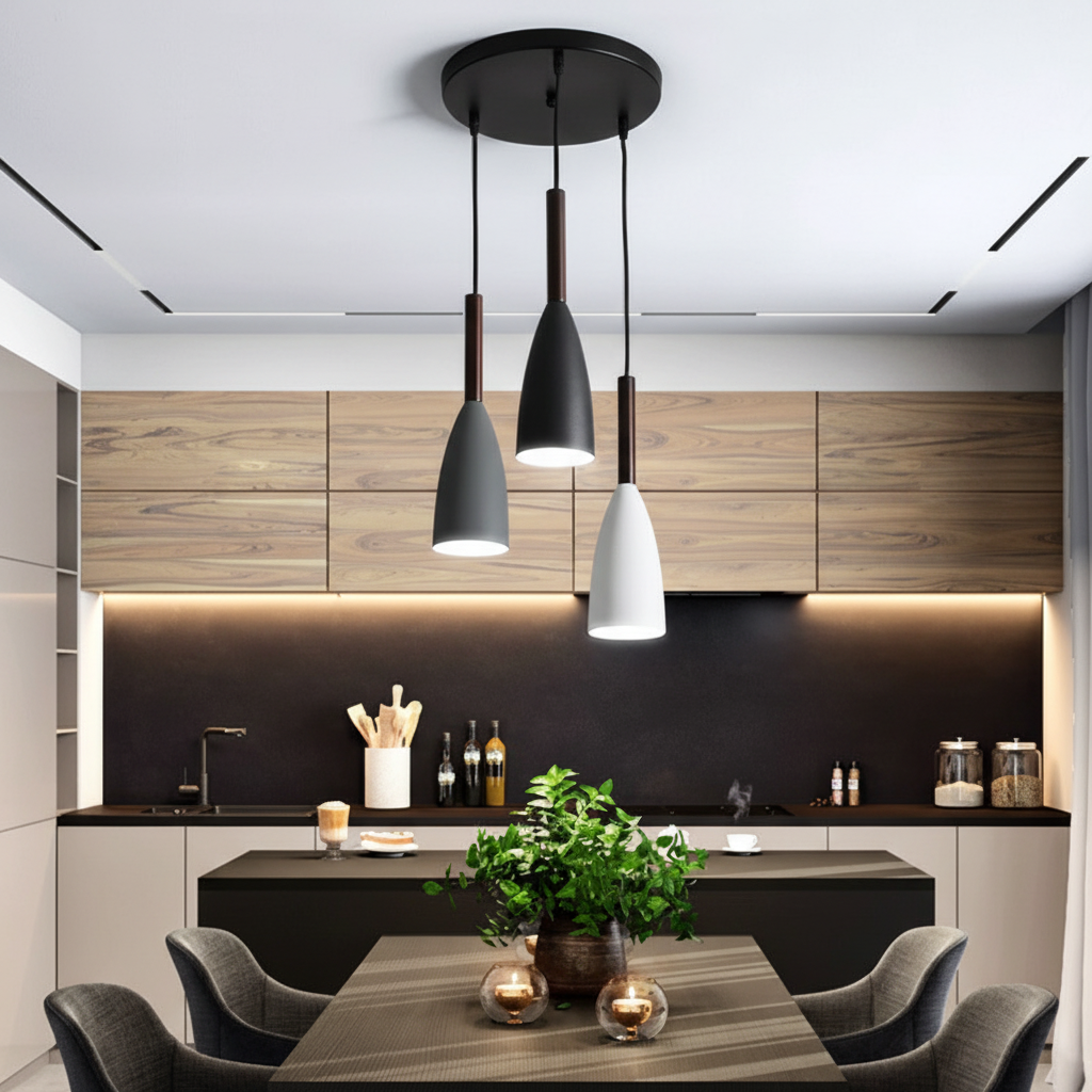 Modern Three-Light Fixture with Metal Body & Wood Detail for Dining Room, Kitchen Island | Adjustable Cord Height, Dimmable E27 Socket | Thomler