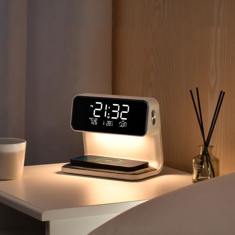 Bedside Lamp ABS 9.8 in White LED Touch Control Wireless Charger Alarm Clock for Bedroom Desk Nightstand | Thomler