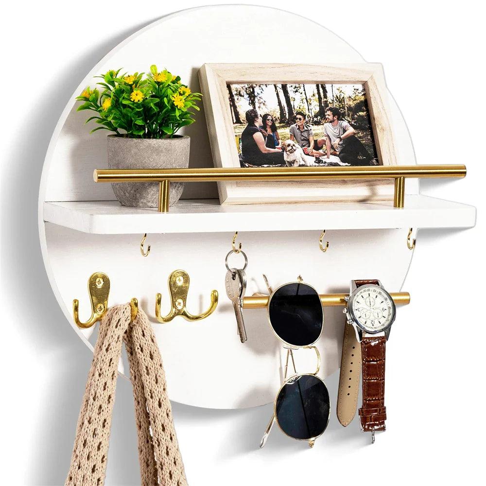 Circular Wood Wall Key Organizer with Shelf & Hooks for Entryway – Natural Finish, Multi-Hook Design for Keys, Accessories & Small Decor | Thomler