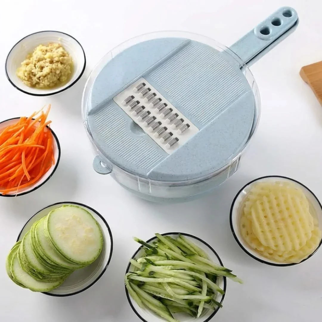 Multi-Blade Produce Chopper with Drain Bowl – 8 Interchangeable Cutters, Colander Base & Storage Container for Vegetable Prep, Salads | Thomler