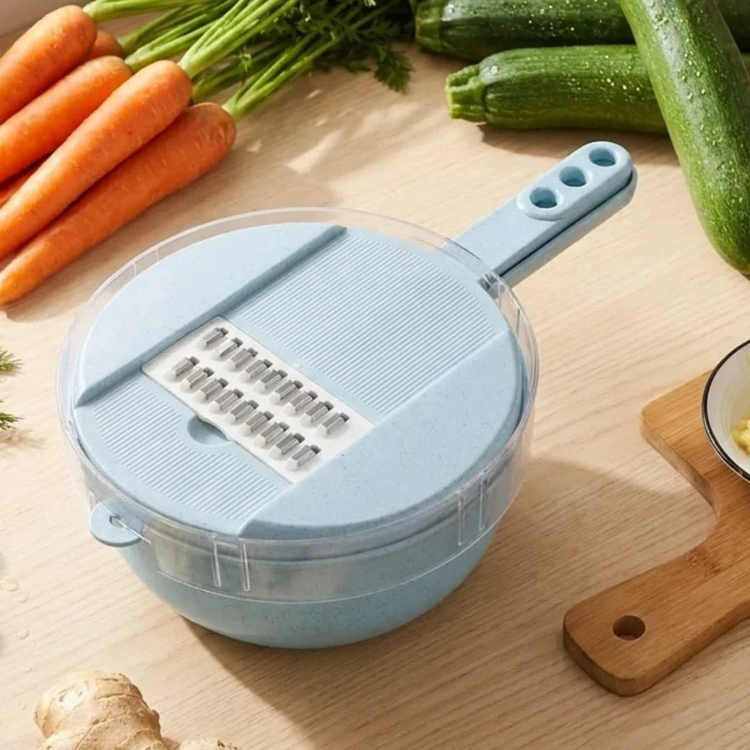 Multi-Blade Produce Chopper with Drain Bowl – 8 Interchangeable Cutters, Colander Base & Storage Container for Vegetable Prep, Salads | Thomler