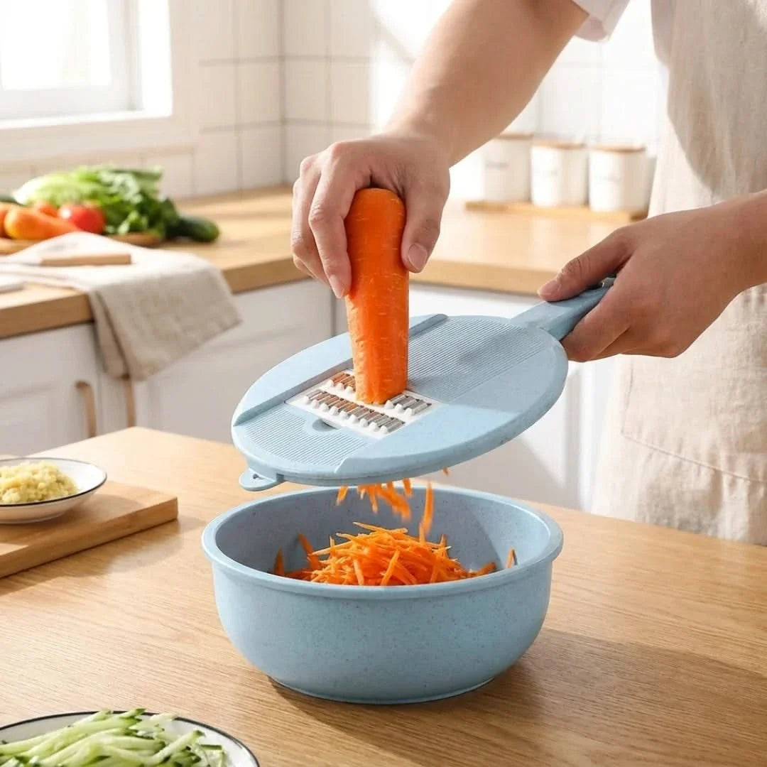Multi-Blade Produce Chopper with Drain Bowl – 8 Interchangeable Cutters, Colander Base & Storage Container for Vegetable Prep, Salads | Thomler