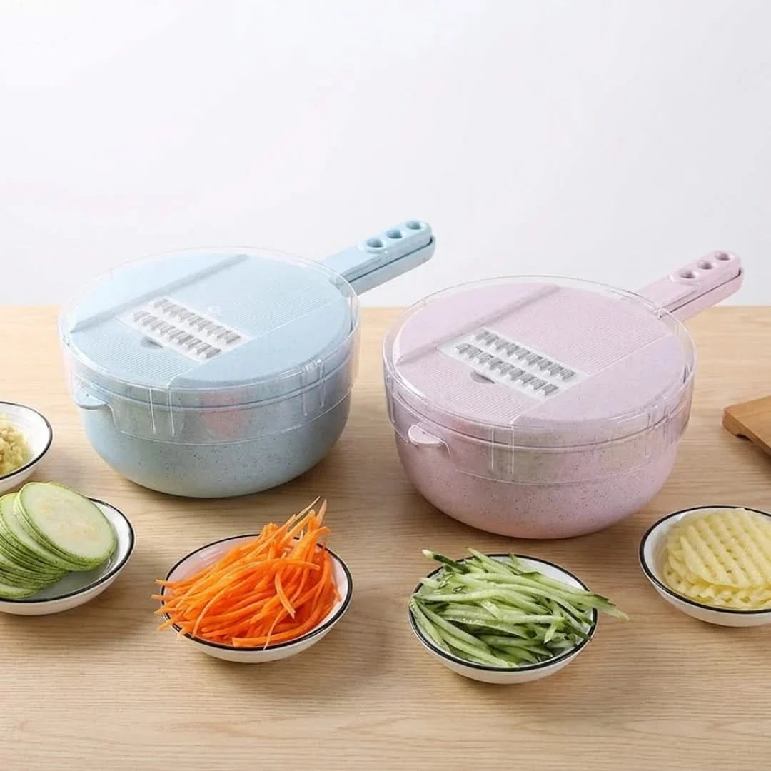 Multi-Blade Produce Chopper with Drain Bowl – 8 Interchangeable Cutters, Colander Base & Storage Container for Vegetable Prep, Salads | Thomler