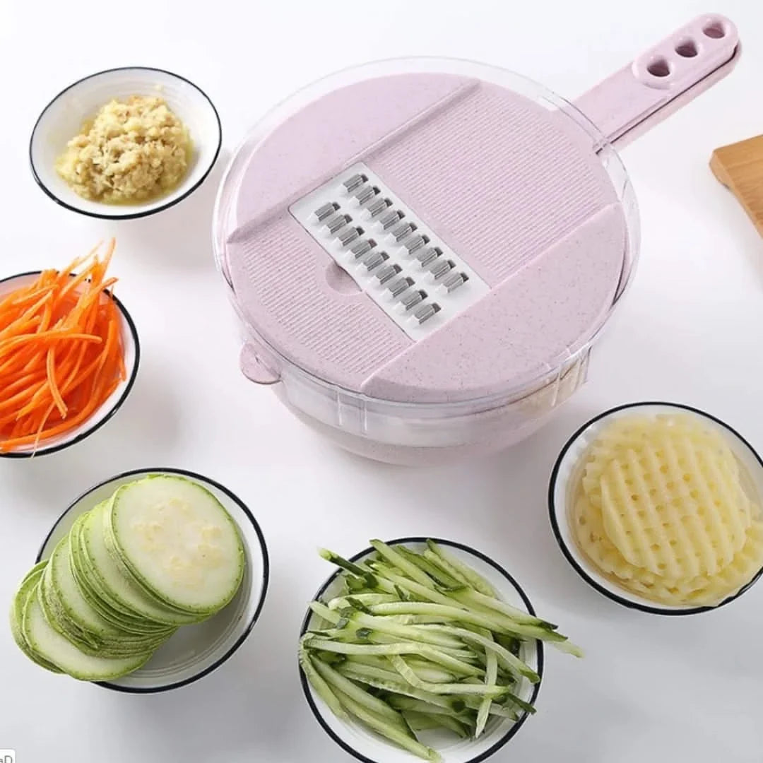 Multi-Blade Produce Chopper with Drain Bowl – 8 Interchangeable Cutters, Colander Base & Storage Container for Vegetable Prep, Salads | Thomler