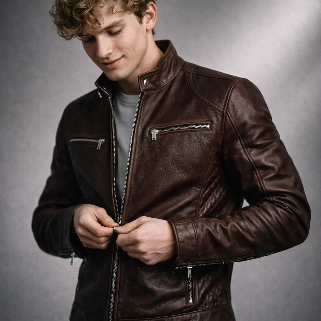Men's Moto-Style Leather Zip-Up with Upright Neckline & Dual Chest Pockets – Tailored Urban Fit | Thomler