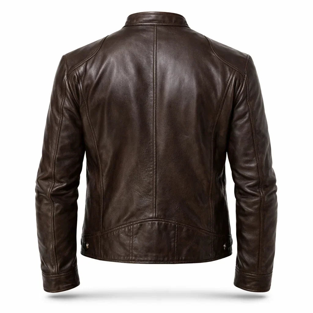 Men's Moto-Style Leather Zip-Up with Upright Neckline & Dual Chest Pockets – Tailored Urban Fit | Thomler