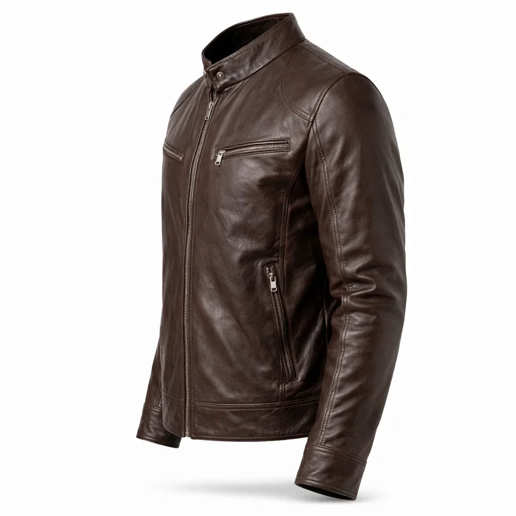 Men's Moto-Style Leather Zip-Up with Upright Neckline & Dual Chest Pockets – Tailored Urban Fit | Thomler