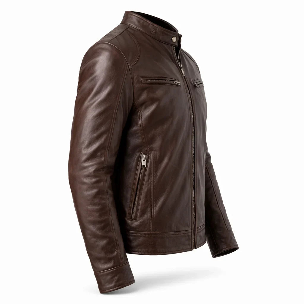 Men's Moto-Style Leather Zip-Up with Upright Neckline & Dual Chest Pockets – Tailored Urban Fit | Thomler