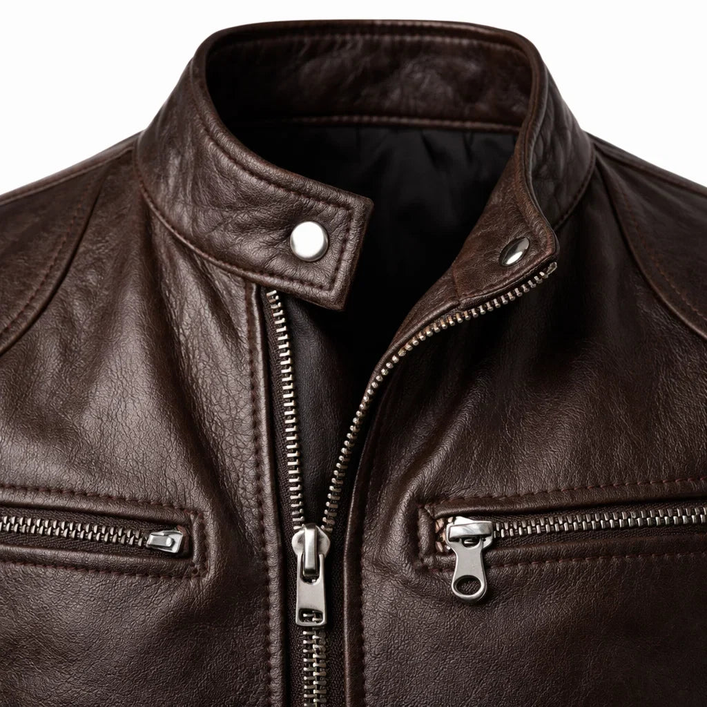 Men's Moto-Style Leather Zip-Up with Upright Neckline & Dual Chest Pockets – Tailored Urban Fit | Thomler