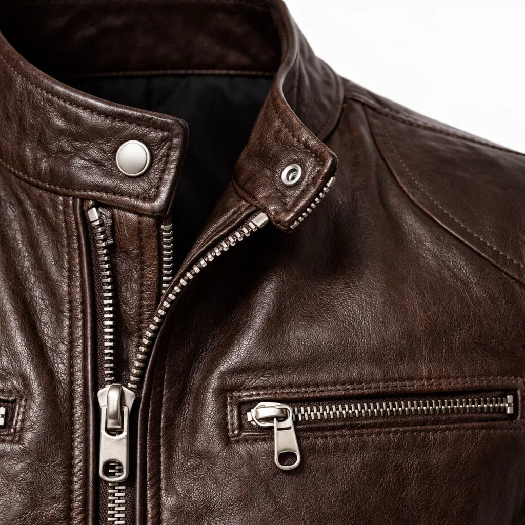 Men's Moto-Style Leather Zip-Up with Upright Neckline & Dual Chest Pockets – Tailored Urban Fit | Thomler