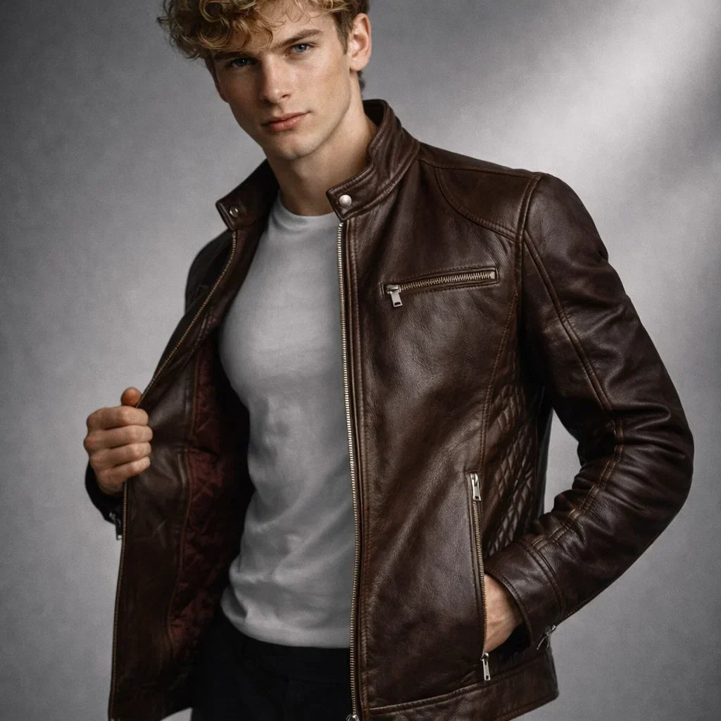 Men's Moto-Style Leather Zip-Up with Upright Neckline & Dual Chest Pockets – Tailored Urban Fit | Thomler