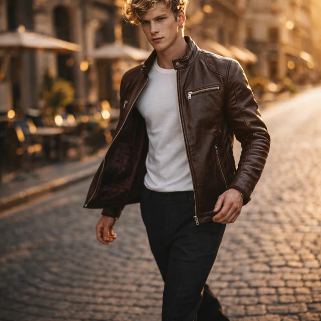 Men's Moto-Style Leather Zip-Up with Upright Neckline & Dual Chest Pockets – Tailored Urban Fit | Thomler
