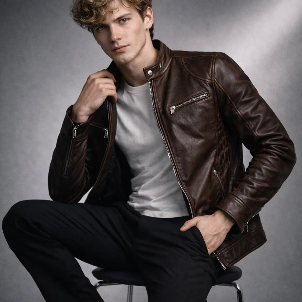 Men's Moto-Style Leather Zip-Up with Upright Neckline & Dual Chest Pockets – Tailored Urban Fit | Thomler