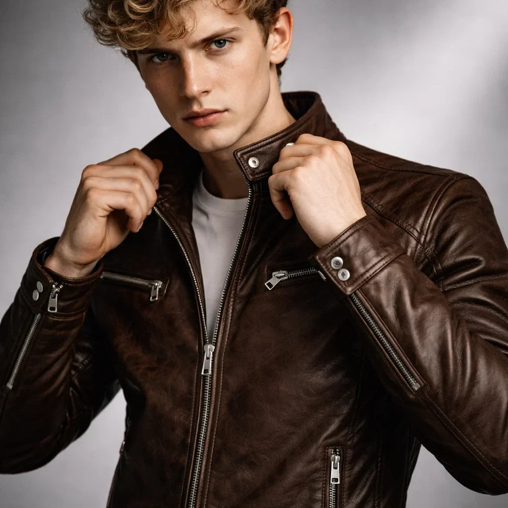 Men's Moto-Style Leather Zip-Up with Upright Neckline & Dual Chest Pockets – Tailored Urban Fit | Thomler