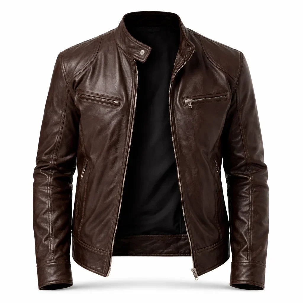 Men's Moto-Style Leather Zip-Up with Upright Neckline & Dual Chest Pockets – Tailored Urban Fit | Thomler