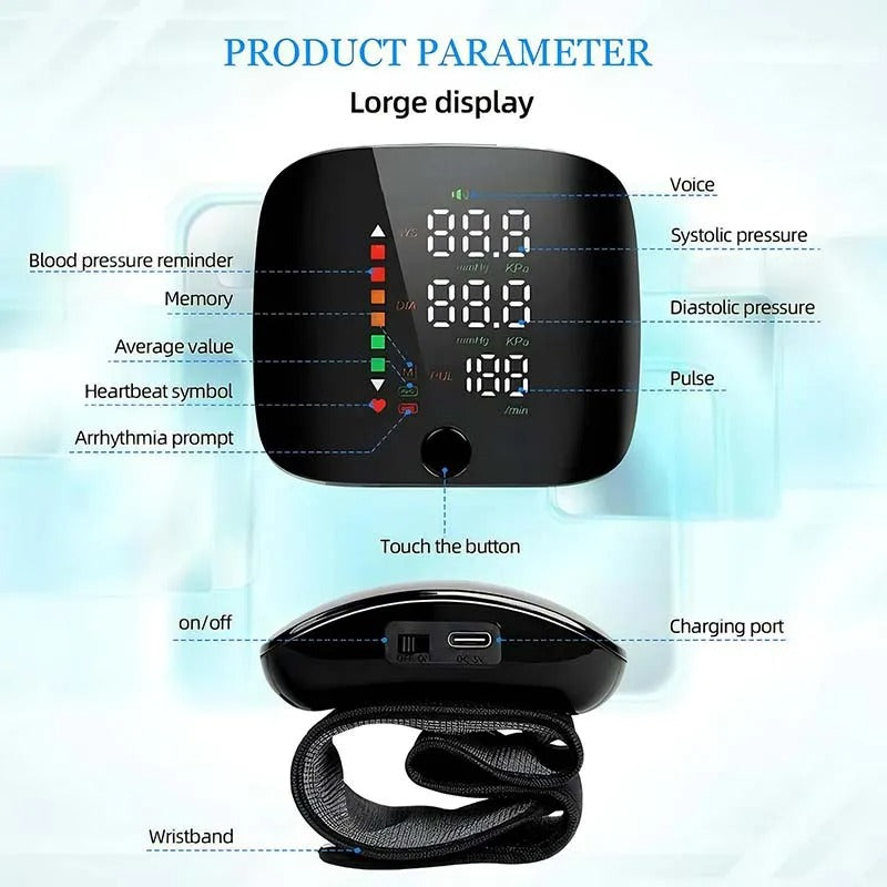 Wrist Blood Pressure Monitor with Voice Alerts & Color-Coded Display for Home Health Tracking | Thomler