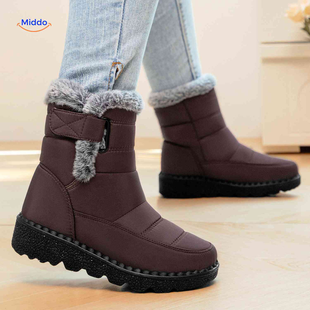 Faux Fur-Lined Ankle Boots with Traction Sole – Winter-Ready Women's Footwear for Snow & Ice | Thomler