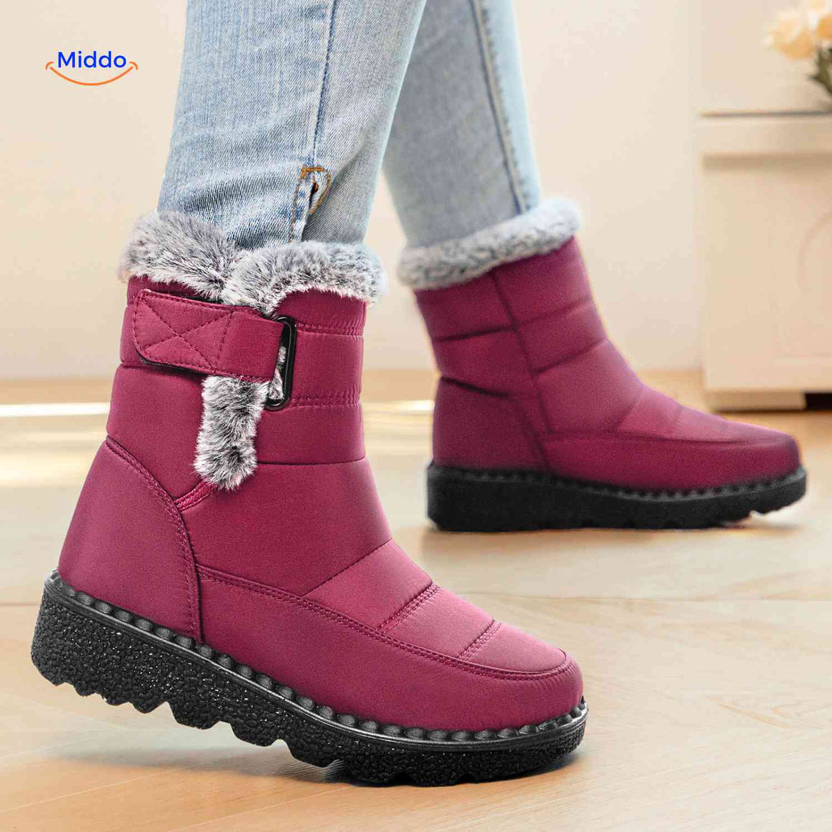 Faux Fur-Lined Ankle Boots with Traction Sole – Winter-Ready Women's Footwear for Snow & Ice | Thomler