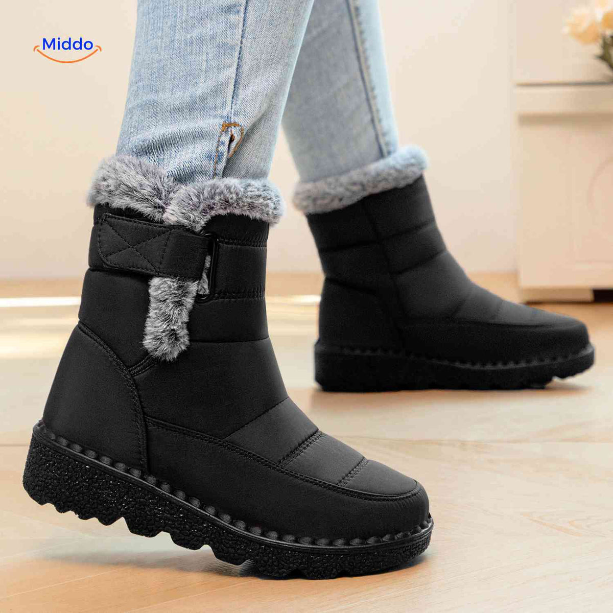 Faux Fur-Lined Ankle Boots with Traction Sole – Winter-Ready Women's Footwear for Snow & Ice | Thomler