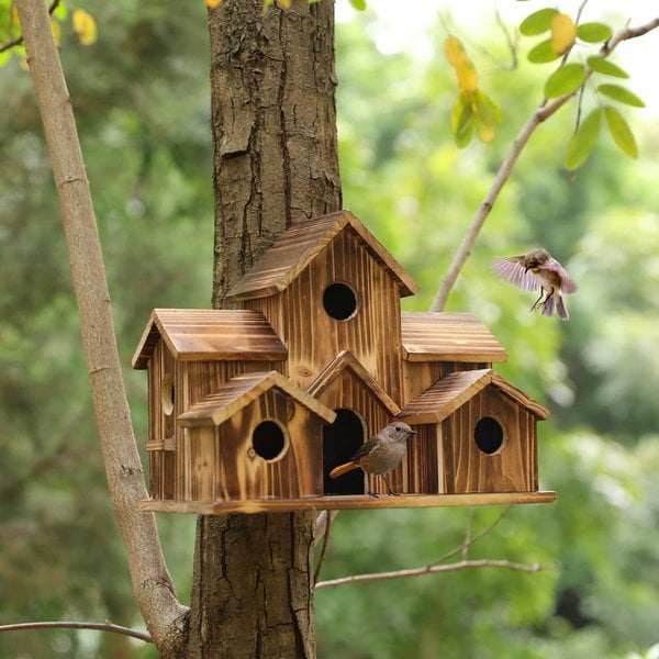 Birdhouse Wooden 20.0 cm x 15.0 cm Garden Nesting Box Rustic Outdoor Hanging Shelter Six Chamber Wildlife Decor | Thomler