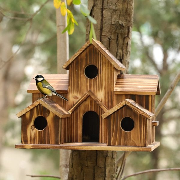 Birdhouse Wooden 20.0 cm x 15.0 cm Garden Nesting Box Rustic Outdoor Hanging Shelter Six Chamber Wildlife Decor | Thomler