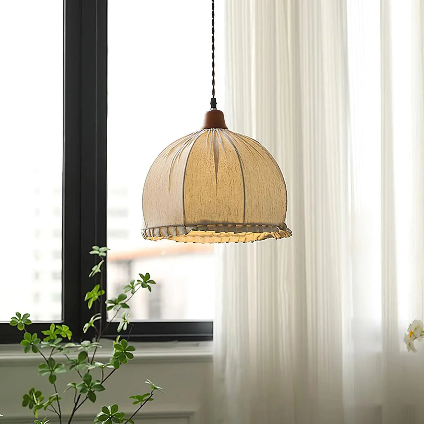 Pendant Lamp Wood Fabric 11.8 in Indoor Ceiling Lighting Beige Walnut Sage Green Modern Decor | Thomler