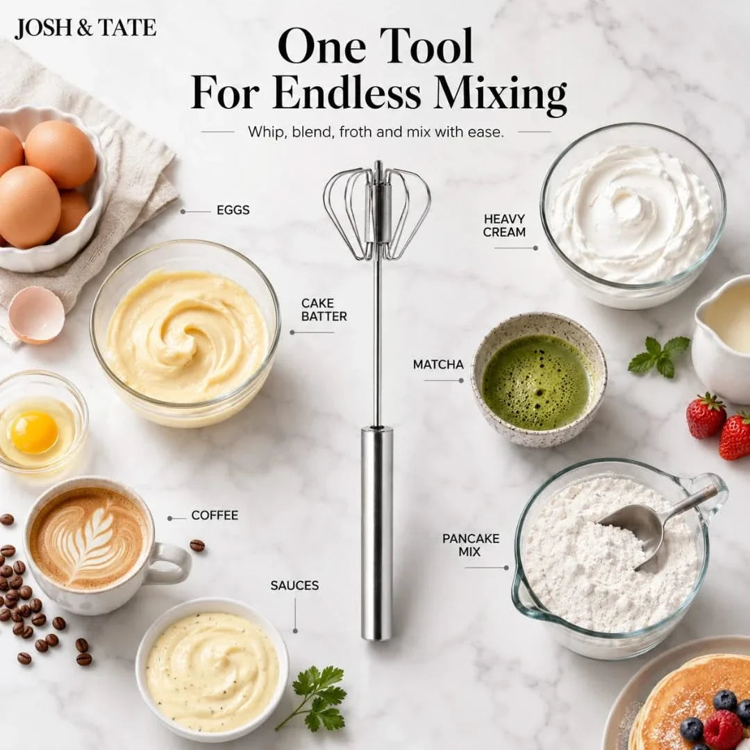 Press-Action Rotating Whisk for Eggs, Cream & Batters – Manual Self-Spin Kitchen Tool | Thomler