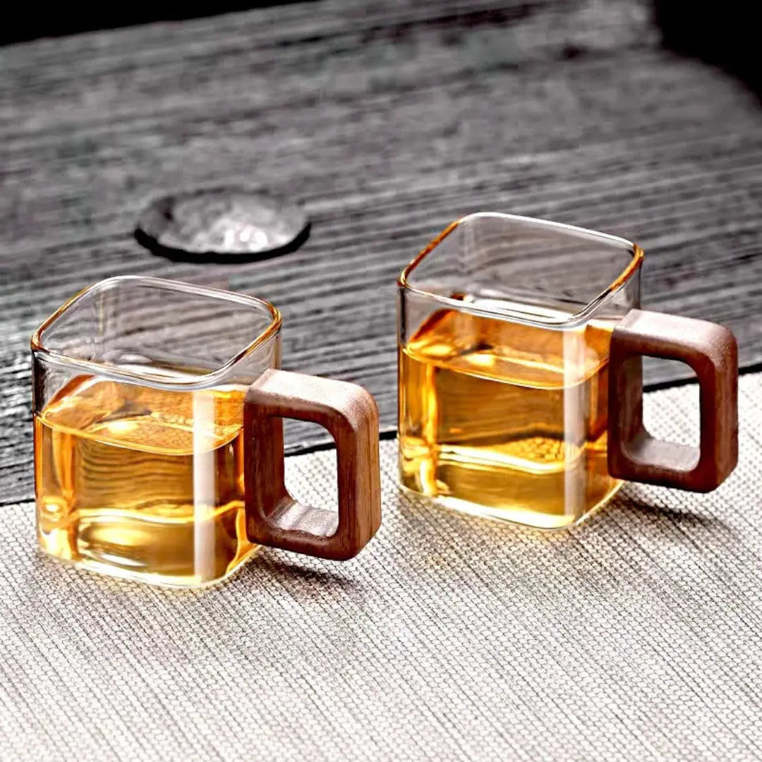 Glass Mug Borosilicate 90 ml Walnut Handle Espresso Tea Square Coffee Cup Minimalist Drinkware Kitchen Serving | Thomler