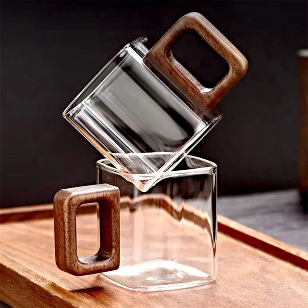 Glass Mug Borosilicate 90 ml Walnut Handle Espresso Tea Square Coffee Cup Minimalist Drinkware Kitchen Serving | Thomler