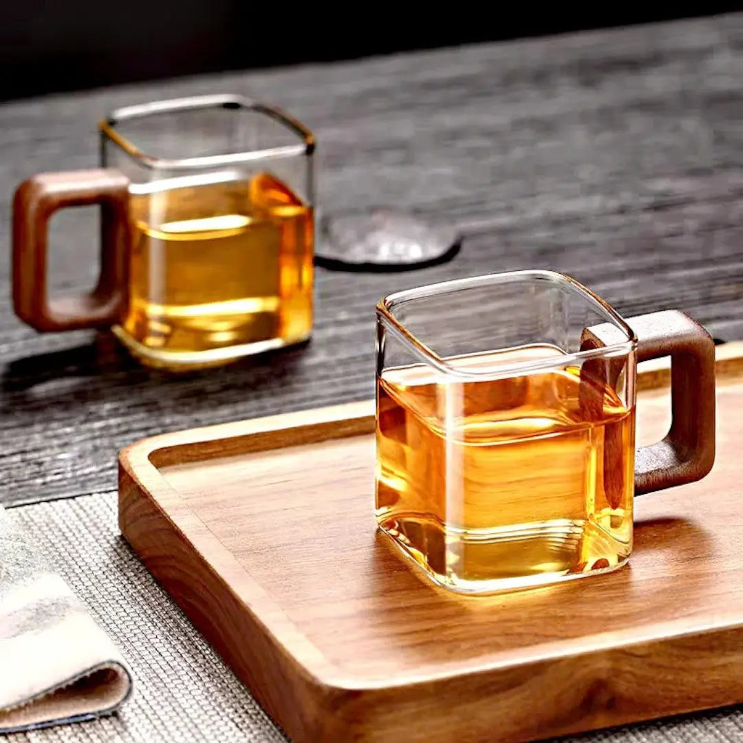 Glass Mug Borosilicate 90 ml Walnut Handle Espresso Tea Square Coffee Cup Minimalist Drinkware Kitchen Serving | Thomler