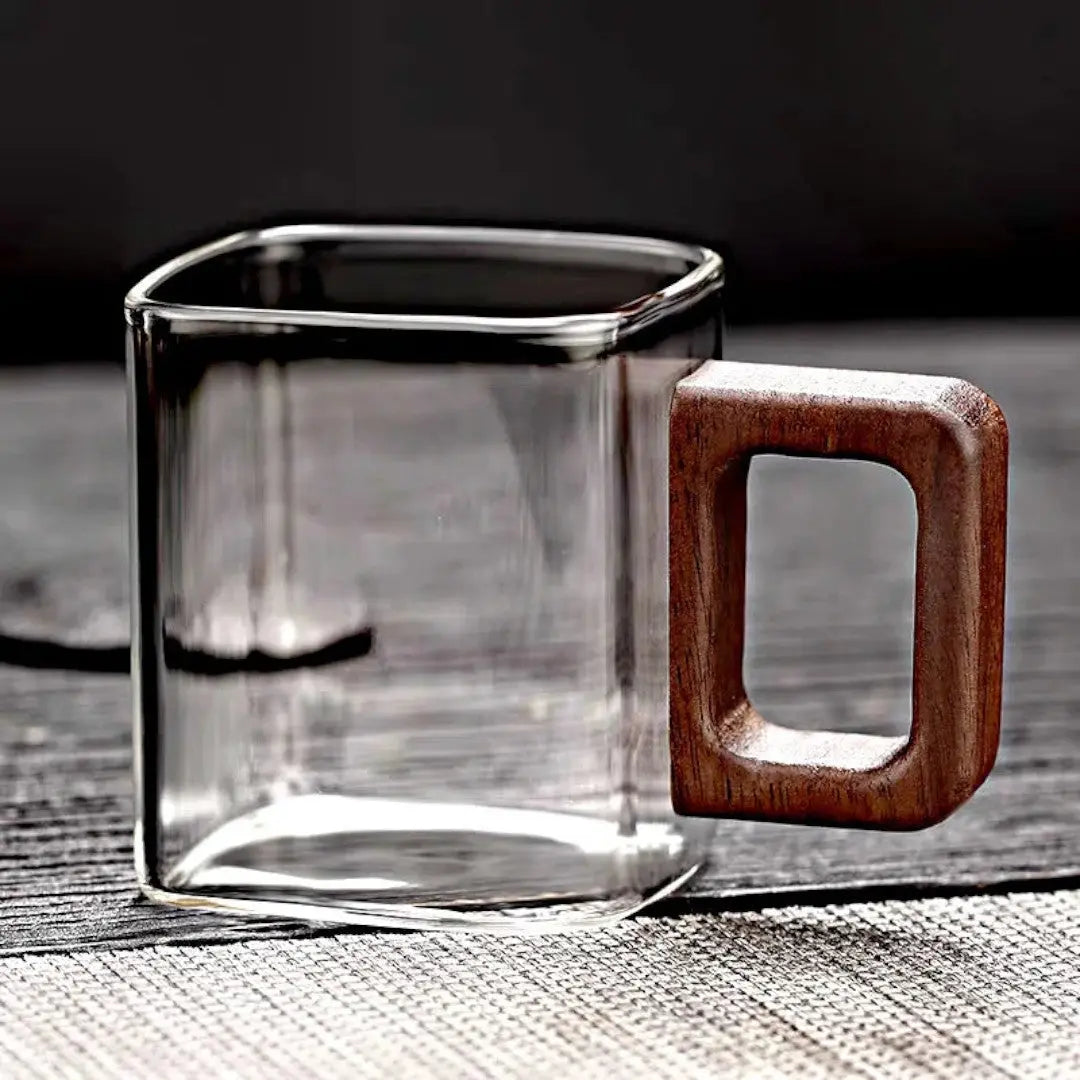 Glass Mug Borosilicate 90 ml Walnut Handle Espresso Tea Square Coffee Cup Minimalist Drinkware Kitchen Serving | Thomler