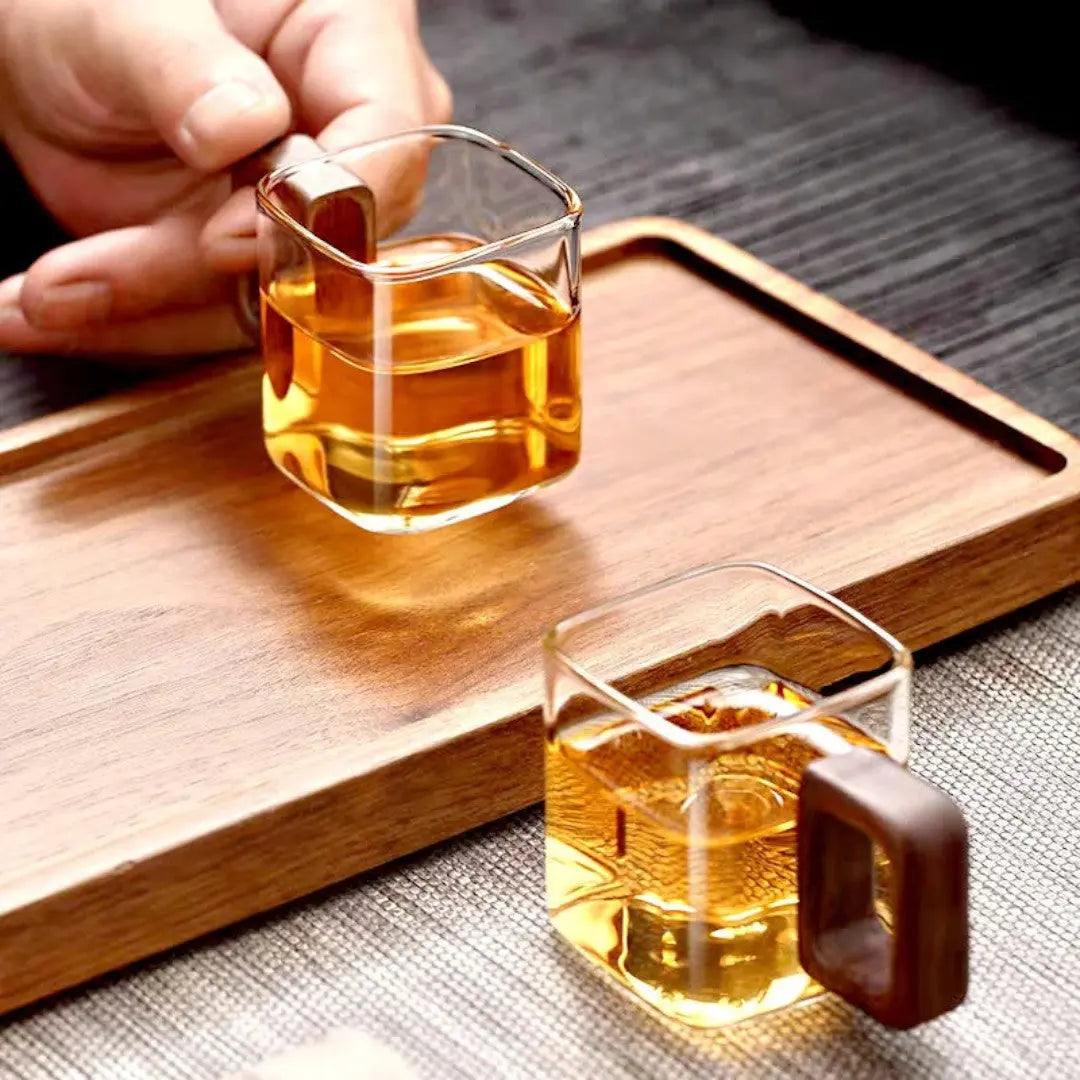 Glass Mug Borosilicate 90 ml Walnut Handle Espresso Tea Square Coffee Cup Minimalist Drinkware Kitchen Serving | Thomler