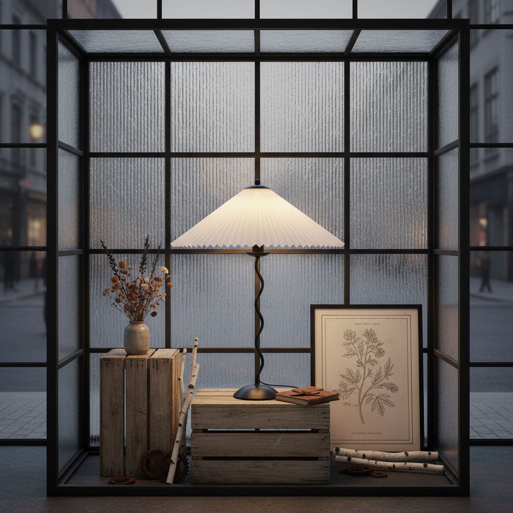 Metal Table Lamp 16.9 in Pleated Fabric Shade Curved Base Bedroom Living Room Nordic Minimalist Desk Lighting | Thomler