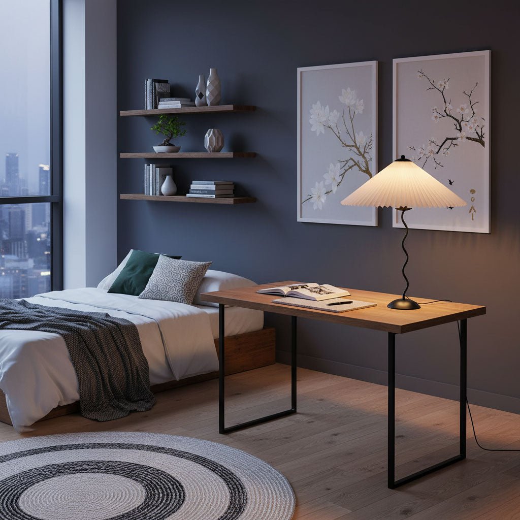 Metal Table Lamp 16.9 in Pleated Fabric Shade Curved Base Bedroom Living Room Nordic Minimalist Desk Lighting | Thomler