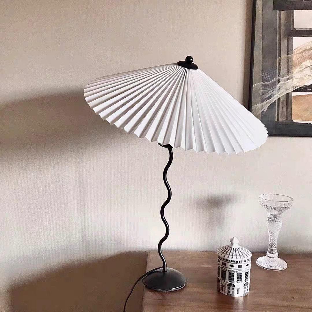 Metal Table Lamp 16.9 in Pleated Fabric Shade Curved Base Bedroom Living Room Nordic Minimalist Desk Lighting | Thomler