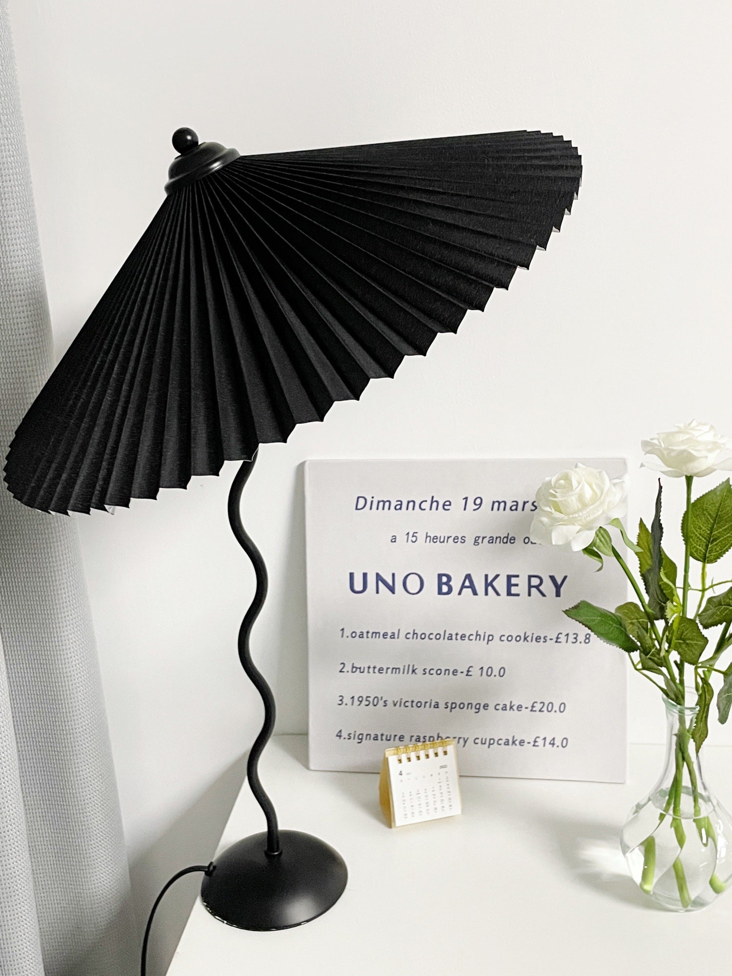 Metal Table Lamp 16.9 in Pleated Fabric Shade Curved Base Bedroom Living Room Nordic Minimalist Desk Lighting | Thomler